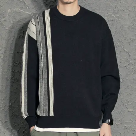 奕飏黑色圆领毛衣男2022秋冬新款潮流线衣加厚撞色针织衫打底毛衫图片