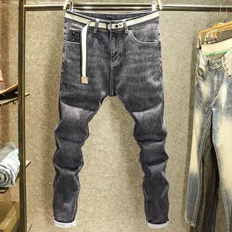 秋季黑灰色牛仔裤男款修身小脚弹力裤子高端时尚休闲裤子春秋款潮商品大图