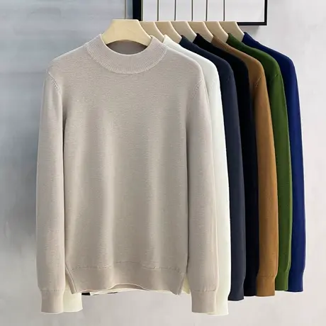 加厚保暖含羊毛衫半高领毛衣男士2023秋冬中领针织衫打底衫绒上衣商品大图