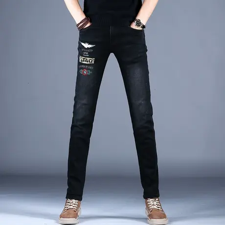 2023新款男士牛仔裤男款秋冬款黑色时尚修身烫钻印花小脚裤子潮牌商品大图