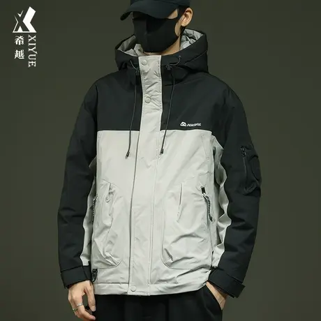 希越户外工装夹克冲锋衣男冬季潮牌宽松大码新国标鸭绒连帽羽绒服商品大图