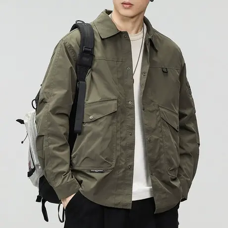 高端防水男士军绿色翻领夹克上衣服2024年新款秋冬季潮牌工装外套商品大图
