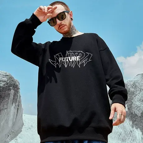 加绒卫衣男潮ins圆领秋冬宽松加肥加大潮牌男装oversize大码无帽商品大图