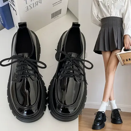 复古英伦风系带黑色厚底小皮鞋女2023年春秋新款百搭增高日系单鞋商品大图