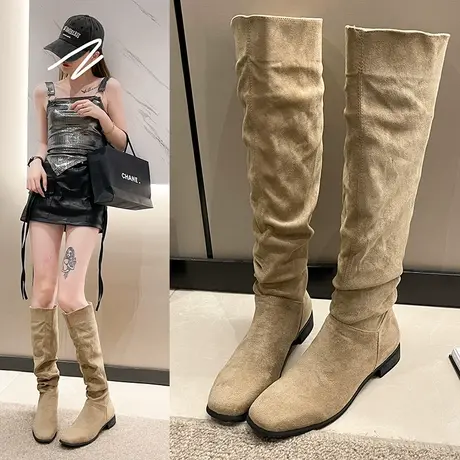 堆堆靴女秋冬超火靴子女2023新款长靴长筒靴秋冬骑士褶皱牛仔中筒商品大图