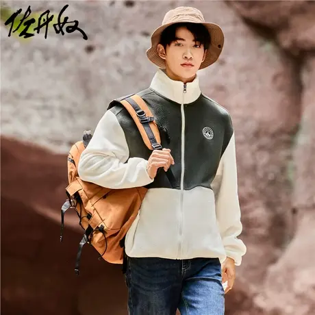 佐丹奴外套男装摇粒绒针织绣章拼色宽松立领长袖外套 01073854图片