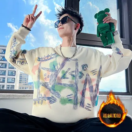 加绒卫衣男2023秋冬新款个性涂鸦印花设计感保暖加厚上衣打底t恤商品大图