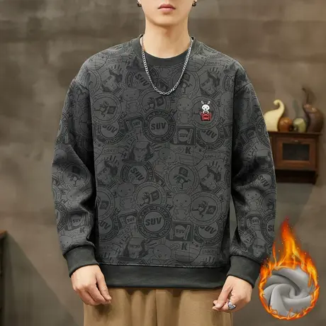 2024新款冬季中性风重磅痞帅加绒加厚圆领卫衣秋冬款男生打底上衣商品大图