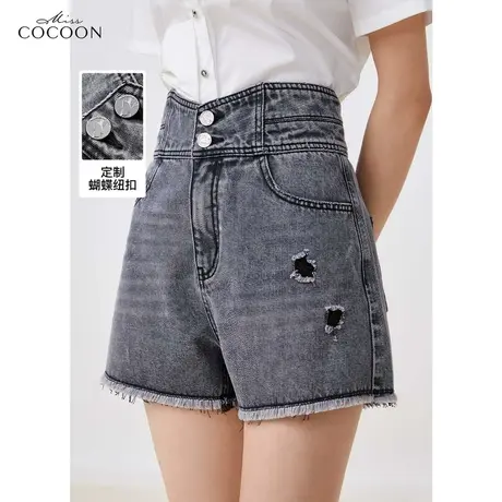 missCOCOON破洞牛仔短裤女2023新款夏季高腰显瘦毛边直筒牛仔裤子商品大图