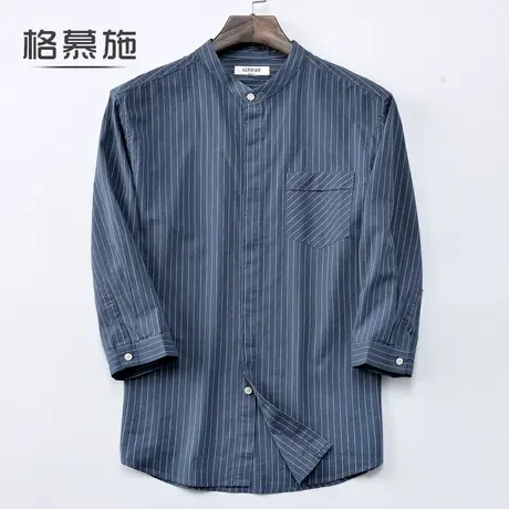 格慕施春夏条纹7七分袖衬衫男士立领复古休闲纯棉圆领中袖衬衣男图片