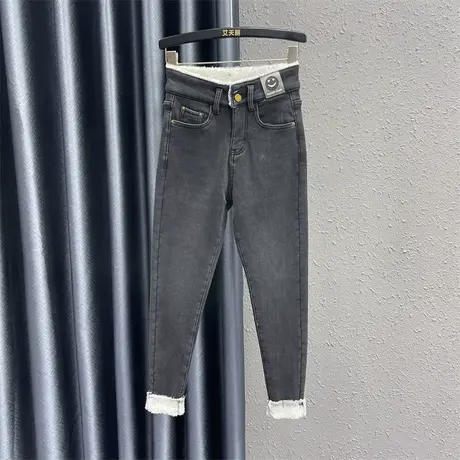 个性贴布牛仔小脚裤女23冬季新款加绒羊羔毛设计感高腰显瘦铅笔裤商品大图