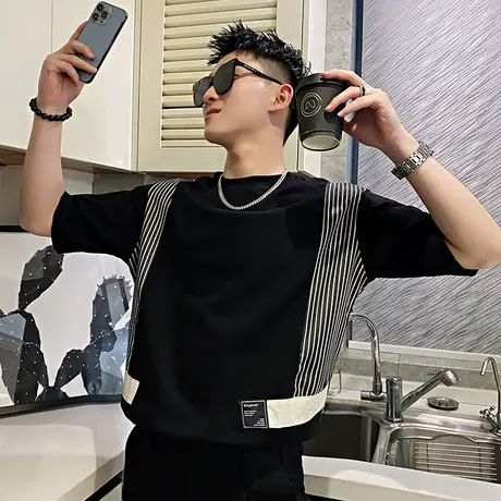 短袖t恤男夏季个性小众潮牌条纹拼接设计感时尚潮男痞帅半袖上衣商品大图