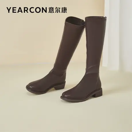 意尔康女鞋冬季加绒长靴不过膝复古高筒皮靴女士英伦风粗跟骑士靴图片