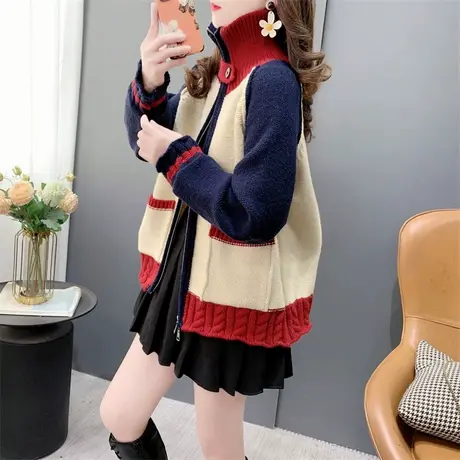 软糯奶fufu复古针织开衫女早春2024年新款宽松拼色温柔风毛衣外套商品大图