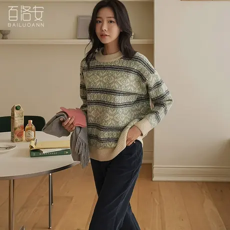 百洛安多色提花毛衣女套头打底衫冬季新款宽松百搭长袖圆领针织衫图片