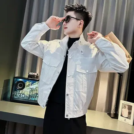 高级感工装夹克男纯色重磅潮牌ins痞帅男装褂子2023秋季休闲外套商品大图