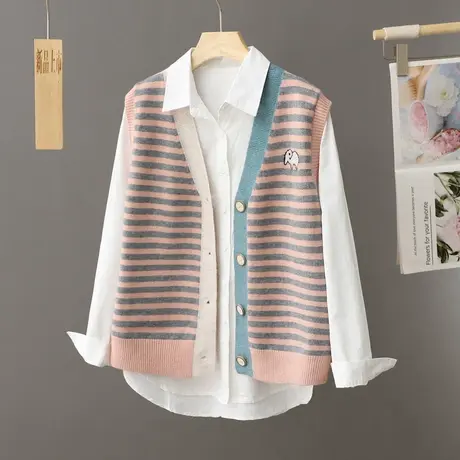 韩版学院风条纹v领针织马甲女开衫休闲上衣叠穿无袖毛衣背心外套图片
