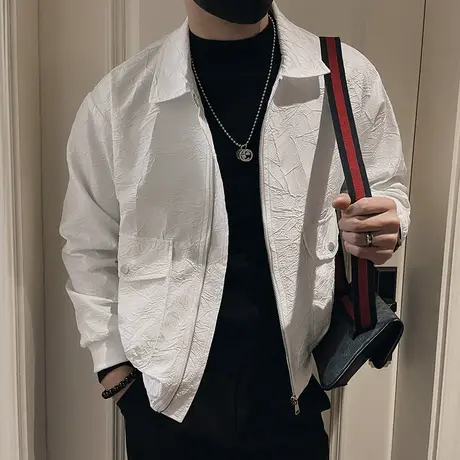 春季2024新款个性翻领夹克男高级感轻熟短款褶皱肌理感外套上衣图片