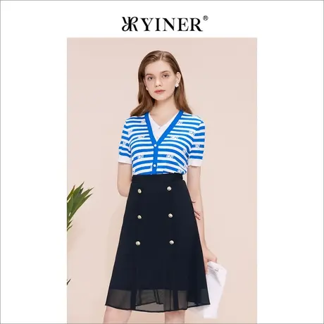 YINER音儿专选女装夏季短袖经典条纹肌理针织衫上衣图片