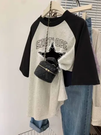 韩系chic大码慵懒风纯棉短袖t恤女ins潮夏季拼接插肩袖情侣装上衣商品大图