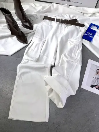 美式大口袋工装休闲裤女2024春季新款显瘦百搭bf宽松阔腿牛仔长裤图片