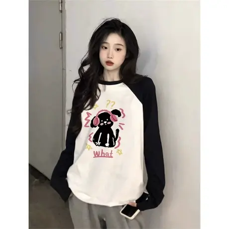 拼色插肩袖纯棉长袖t恤女秋季2023小众设计感宽松内搭打底衫上衣商品大图