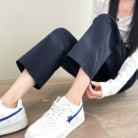 蓝色卷边直筒西装裤女春季九分高腰显瘦宽松小个子休闲哈伦萝卜裤图片