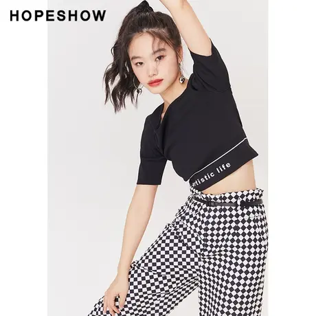 红袖outlets黑色针织衫hopeshow2023夏季新款女字母印花方领上衣商品大图
