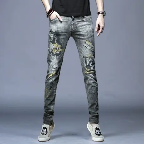 男士印花牛仔裤男款高端潮牌百搭新款修身小脚裤子休闲轻奢欧美风图片