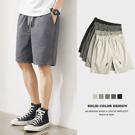 汉斯卡纯棉短裤男夏季薄款外穿休闲五分裤纯色简约宽松运动中裤男商品大图