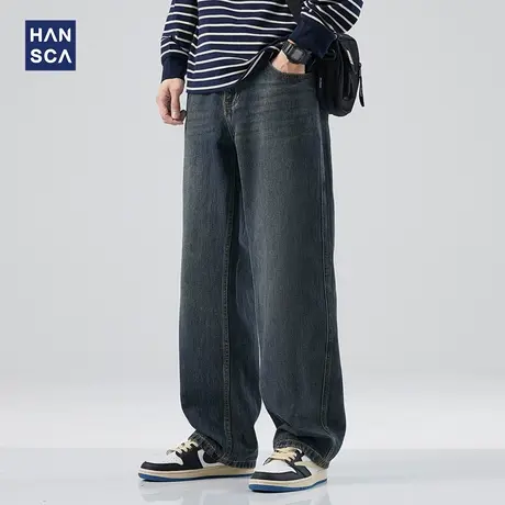 hansca水洗牛仔裤男秋季美式复古潮牌痞帅高级感直筒宽松休闲长裤商品大图