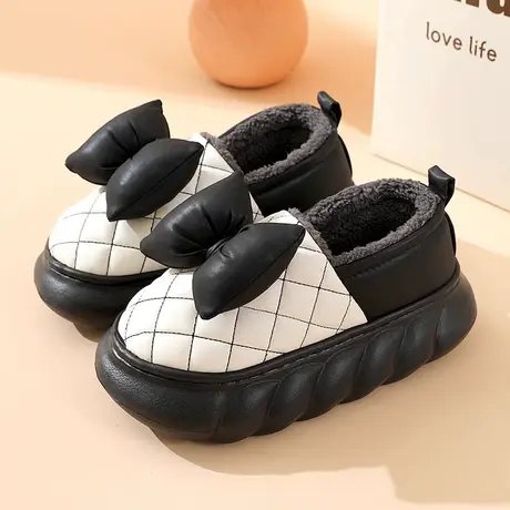 棉拖鞋女厚底包跟居家用可爱蝴蝶结防水PU皮拖鞋冬季保暖棉鞋外穿图片