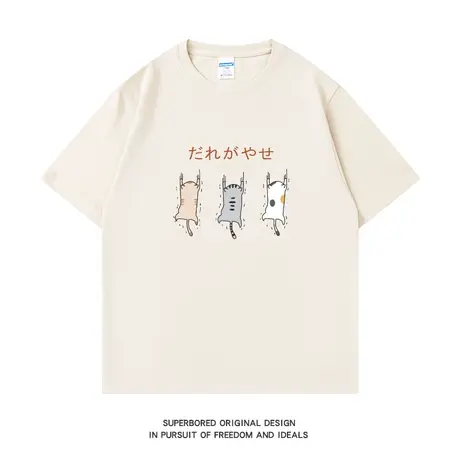 夏季日系卡通简约趣味小猫印花短袖t恤纯棉宽松休闲半袖体恤衫图片