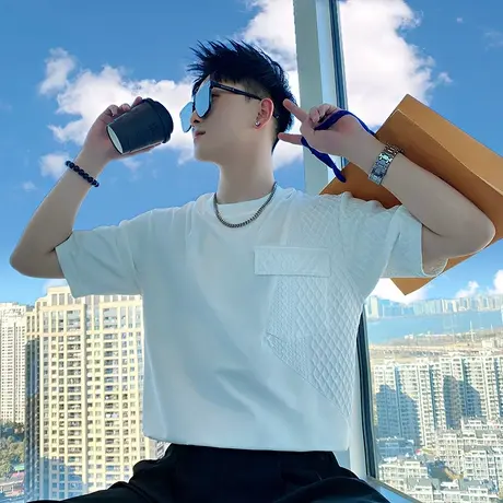 拼接设计感短袖T恤男夏季韩版痞帅重磅圆领半袖上衣潮牌t恤半截袖商品大图