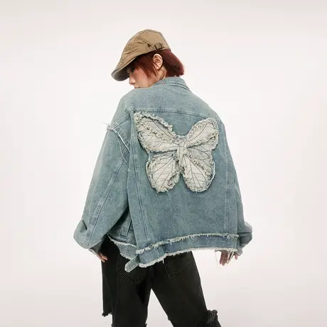 蝴蝶贴布绣牛仔外套女春秋2024新款ins潮牌毛边夹克复古宽松上衣图片