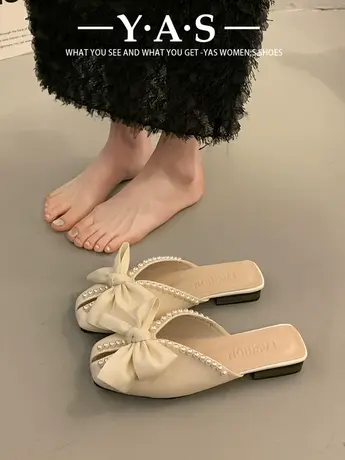 包头半拖鞋女夏季外穿2023年新款韩版蝴蝶结珍珠平底软底鱼嘴凉拖商品大图