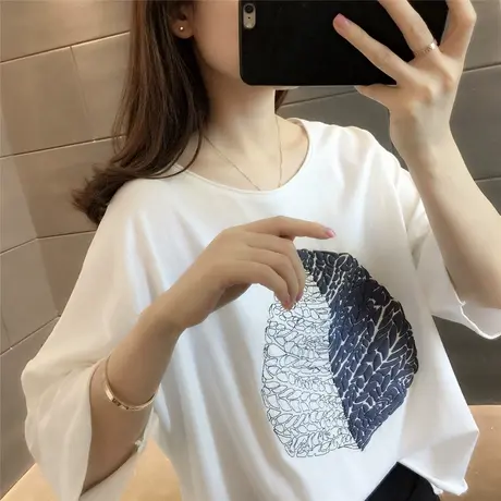 简约女装2023夏季新款上衣打底衫宽松遮肚显瘦树叶印花短袖T恤潮图片