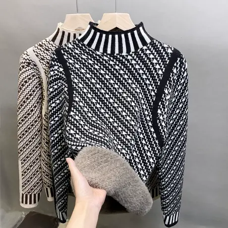 加绒半高领毛衣女一体绒加厚打底衫2023秋冬新款针织衫内搭上衣潮商品大图