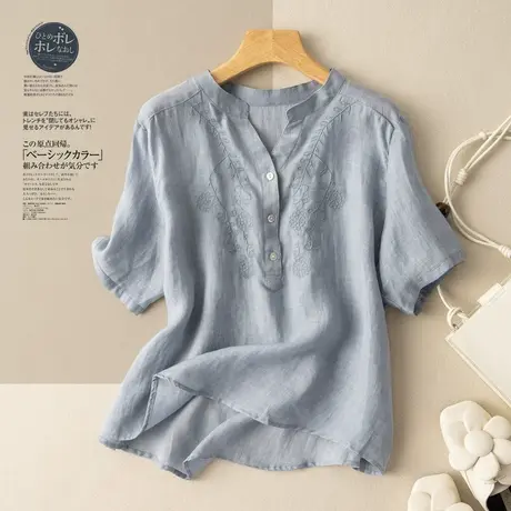 短袖刺绣苎麻上衣女文艺复古港味半开V领棉麻小衫T恤2022夏季新款图片