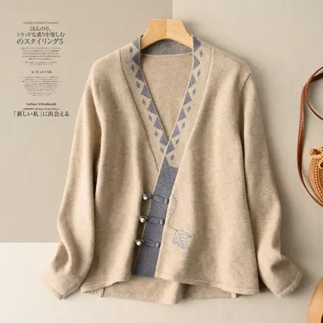 加厚针织开衫女春秋斜襟盘扣中国风复古文艺外套上衣2022秋季新款商品大图