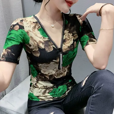 性感V领拉链短袖T恤女时尚印花别致漂亮上衣烫钻洋气小衫修身半袖商品大图