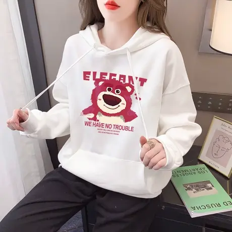 草莓熊连帽卫衣女oversize2023秋冬新款美式复古慵懒风套头上衣图片