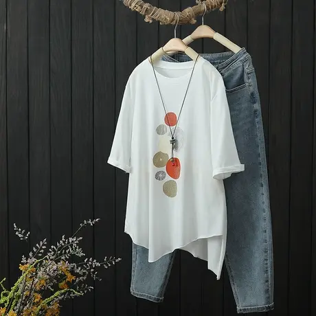 圆领套头短袖印花t恤女夏季新品下摆不规则宽松显瘦上衣薄款体恤商品大图