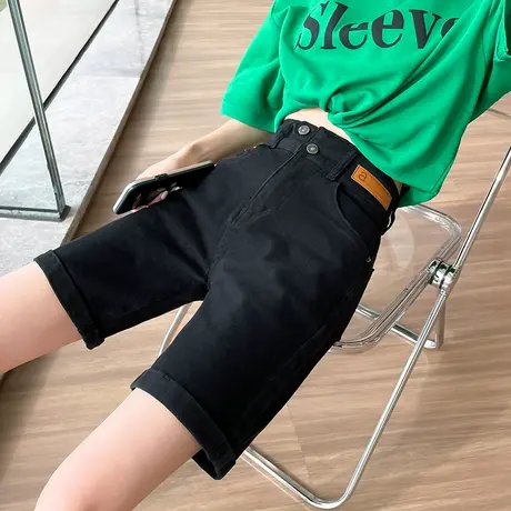 黑色五分牛仔裤女2023年夏季薄款高腰直筒宽松显瘦ins卷边中裤潮商品大图