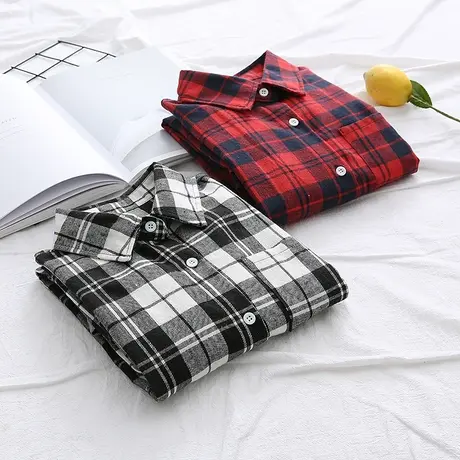 春秋款简约复古港风韩版百搭宽松长袖磨毛格子衬衫女学生叠穿上衣图片