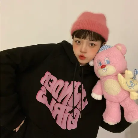 红续插肩袖加绒加厚连帽卫衣女外套2023春装新款慵懒风韩版bf上衣图片