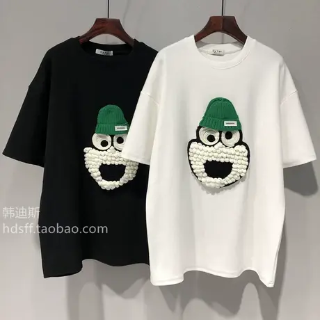 2021秋冬新款韩版宽松刺绣卡通中长款磨毛ins超火短袖T恤上衣女潮商品大图