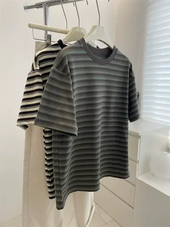 显白复古灰绿条纹短袖女！软糯厚实磨毛显瘦圆领休闲T恤内搭上衣商品大图