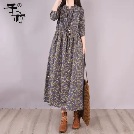 子亦春秋新款碎花大码长款休闲宽松气质收腰系带长袖连衣裙商品大图