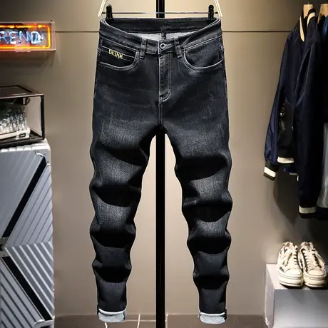 香港秋冬款黑色牛仔裤男2021年新款秋季修身小脚裤弹力休闲长裤子商品大图